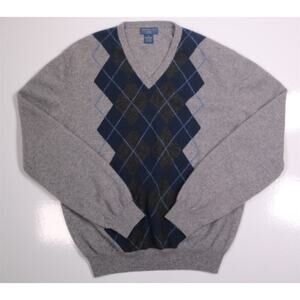 Joseph & Lyman 100% Cashmere Gray Argyle V-Neck Knit Sweater Men's XL